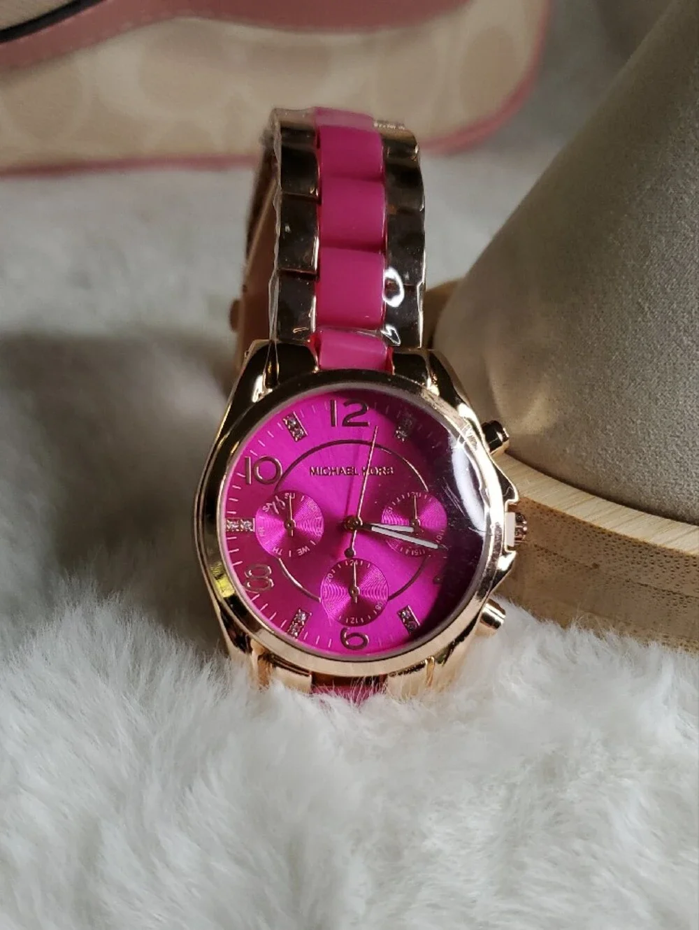 Michael Kors Rose Gold-Tone Watch with Bright Pink Dial and Strap
